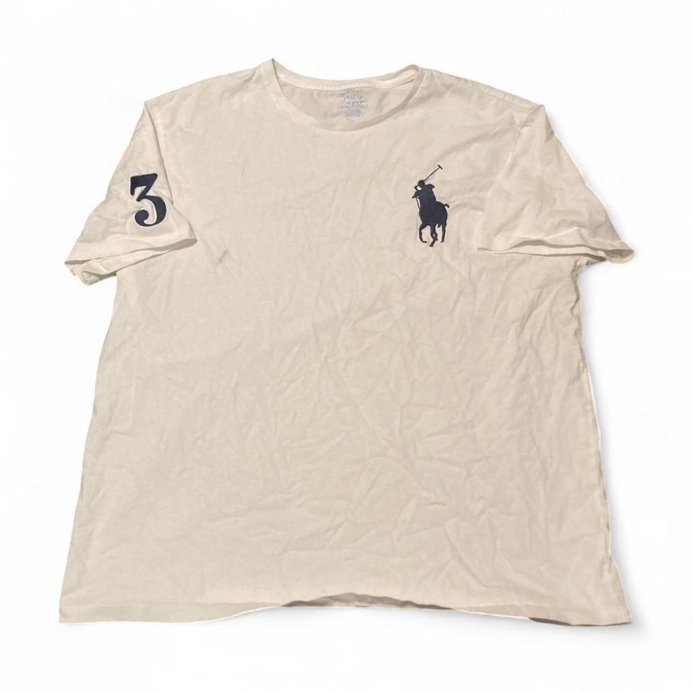 Polo Ralph Lauren Big Pony white t shirt navy rider #3 cotton Vtg Men's XL/23